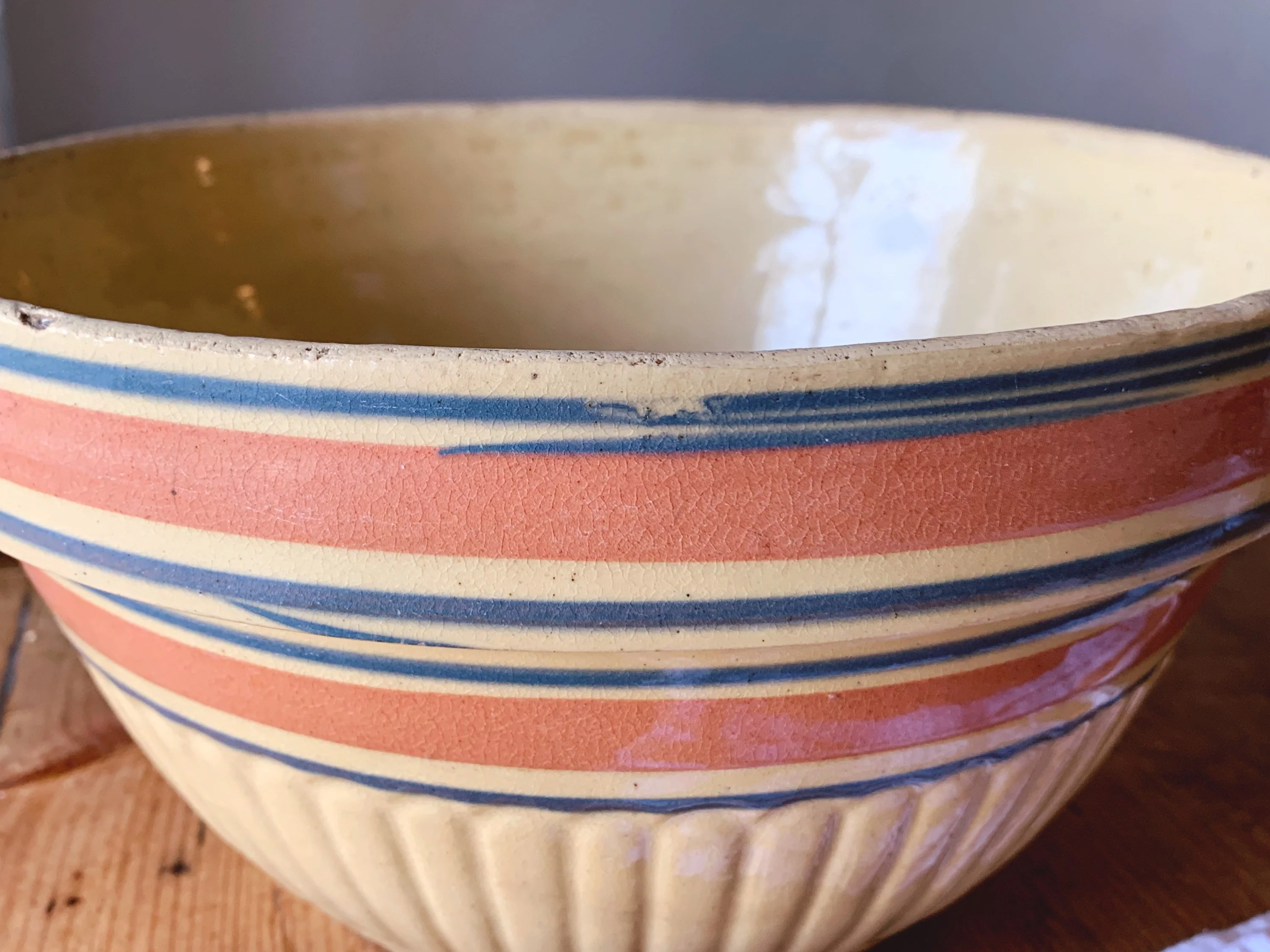 Antique 10" Stoneware Mixing Bowl with Blue and Red Bands | Yellow Ware - Image 5