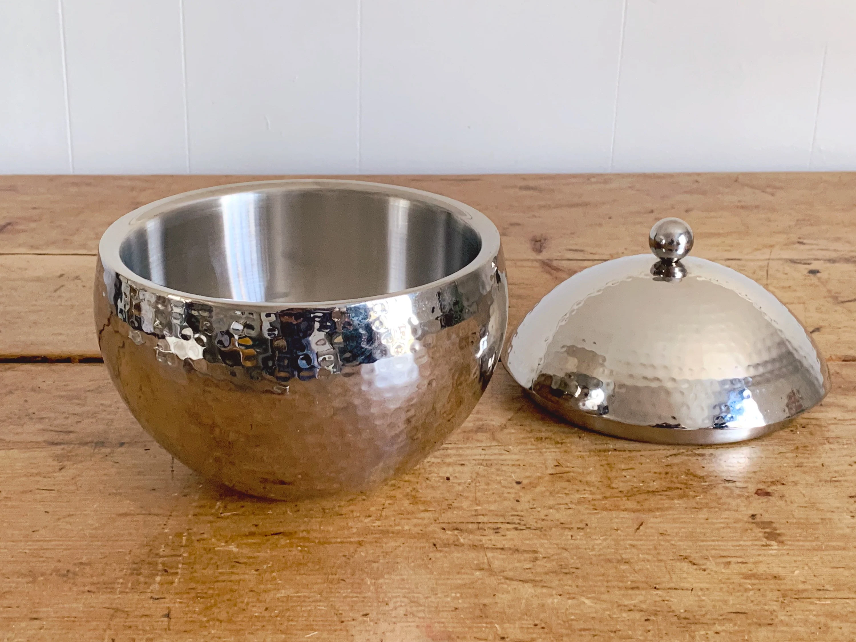 Vintage Roland Hammered Round Ice Bucket by IMPULSE! | Stainless Steel Lidded Champagne Bucket Barware Tableware - Image 5